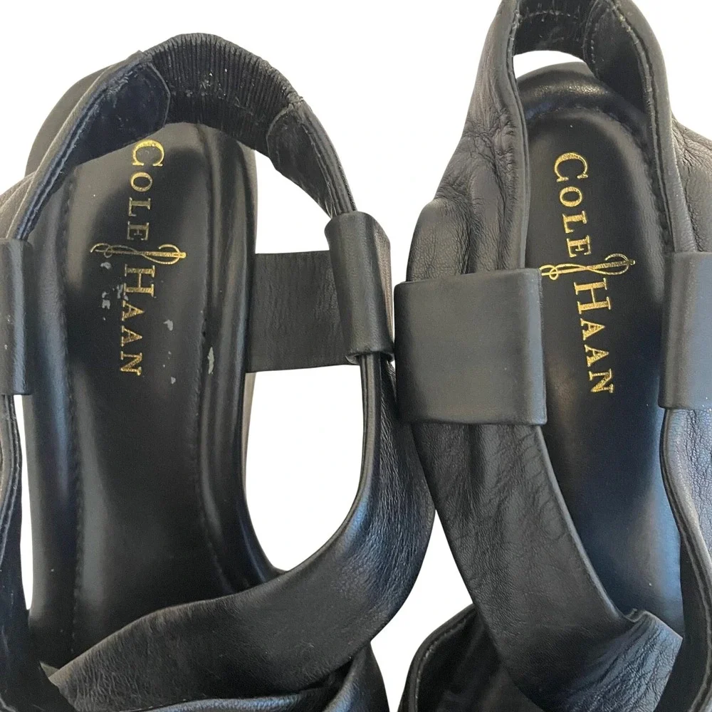 Cole‎ Haan Women's Black Leather Strappy Wedge Heels Sling Back 7.5